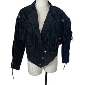 Winlit Vintage Jacket Size Medium Black Suede Fringe Asymmetric Snap Closure